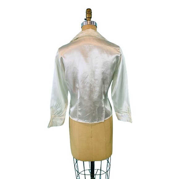 Vintage 1950s Satin Blouse White Embroidered Rhinestone Button Evening Top - Picture 8 of 10